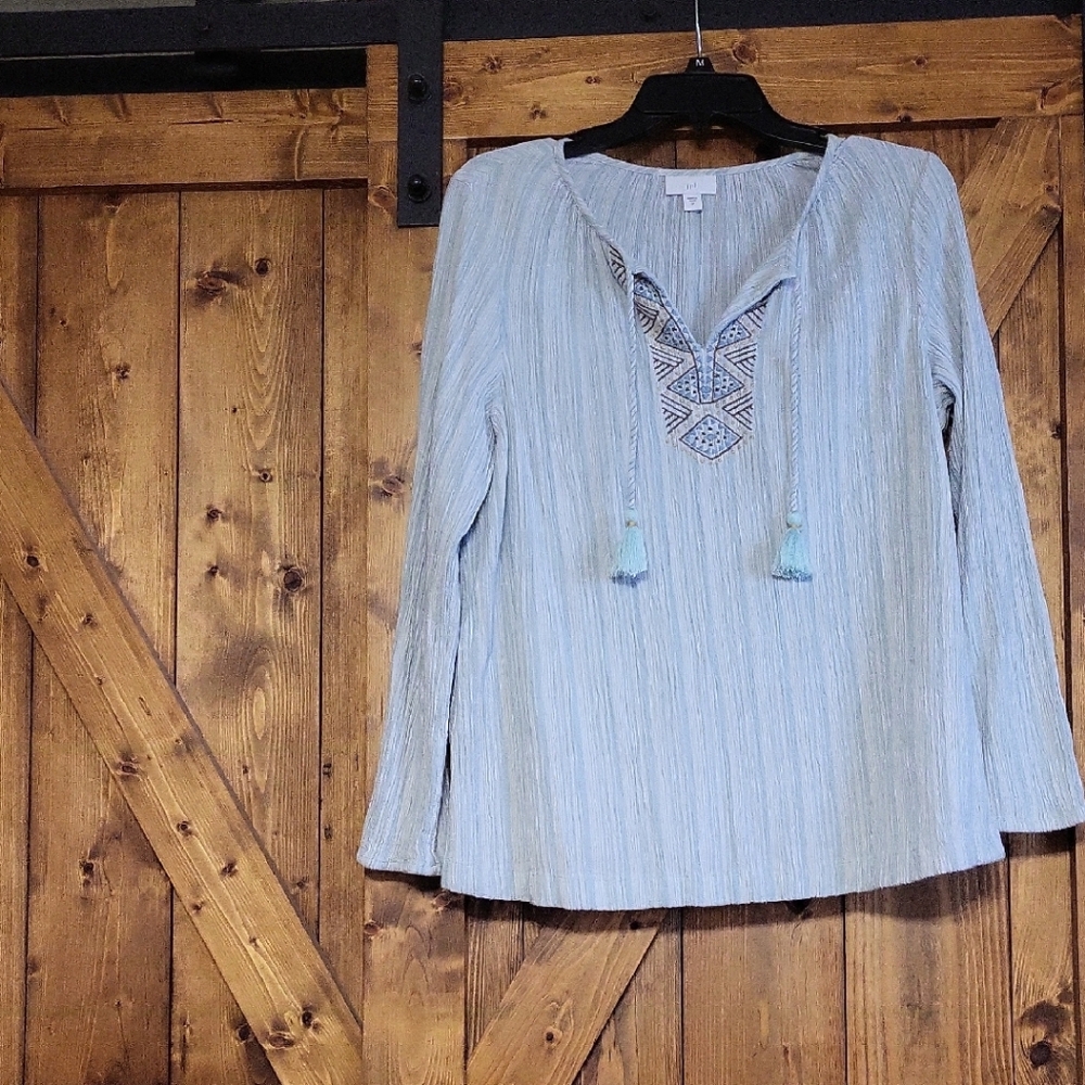 J. Jill Light Blue Blouse with Embroidered V-Neck